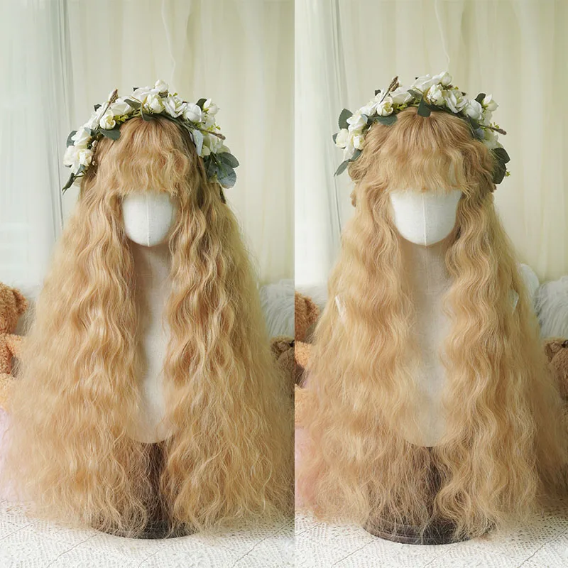 32 Inch Long Water Wave Curly Wig with Curly Bangs for Cosplay Party, Halloween, Photo Shoots Heat Resistant Synthetic Fiber