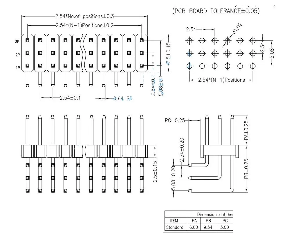 R/A 3X40 Pin 2.54Mm Haakse Dubbele Rij Pin Header Mannelijke 90 Graden Naald Connector Drie Rij 3*40P 3X3/4/6/8/10/12/20/40 P