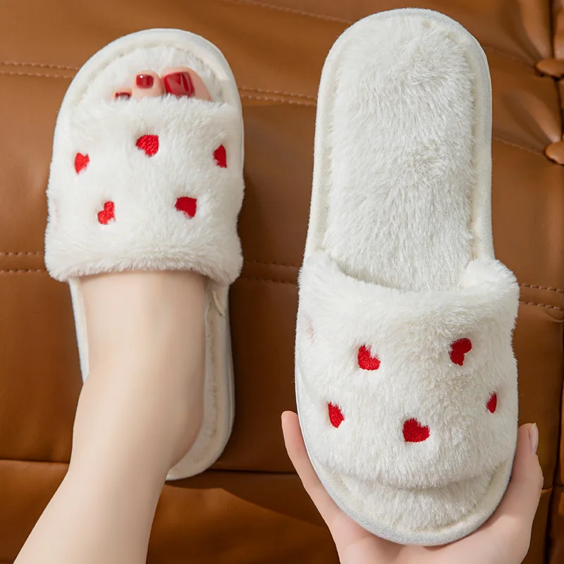 Winter Women Red Heart Fur Furry Slippers 2026 New Open Toe Indoor Floor Short Plush Slides Woman Anti Slip Soft Sole Warm Shoes