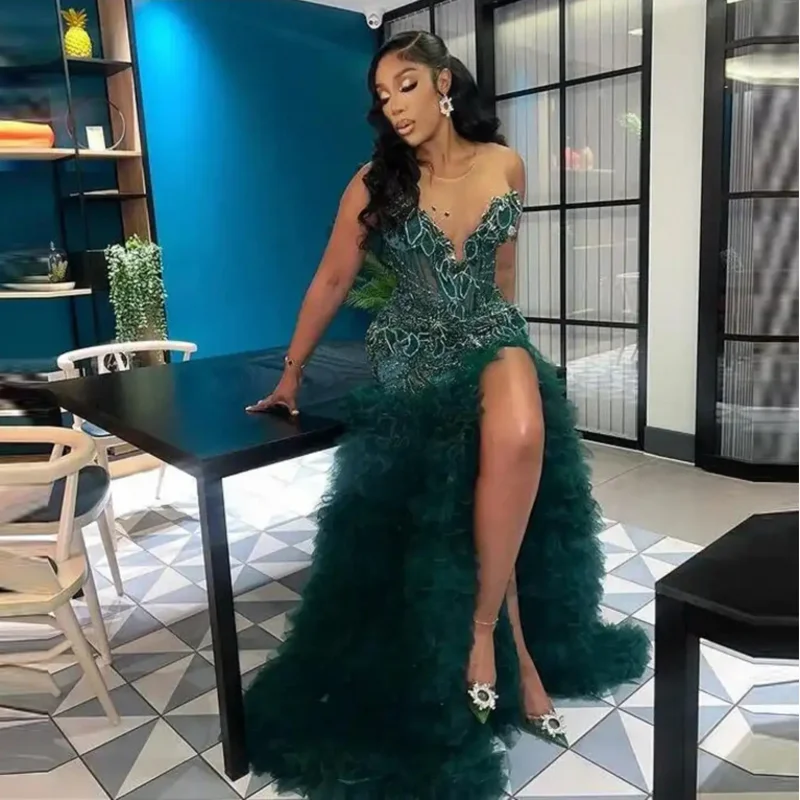 African Evening Dress Beading Ruffled Mermaid Luxury Prom Dresses Beads Applique Emerald Green Formal Gowns Sexy Split Long