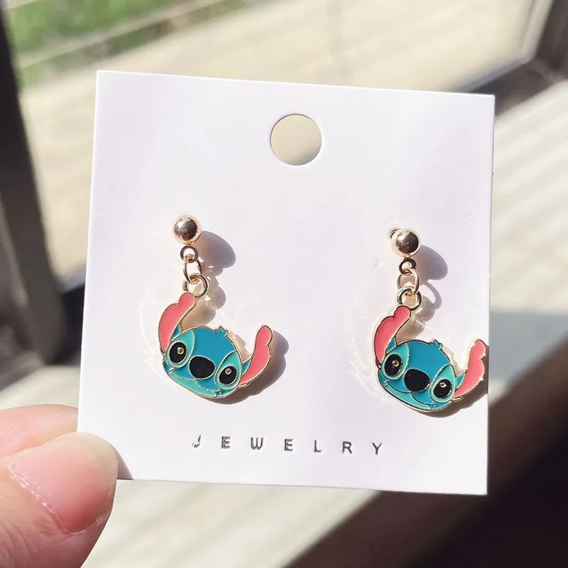 Pendientes de Lilo y Stitch de dibujos animados de Disney para niña, accesorios para estudiantes, joyería de fiesta de plata de una pieza