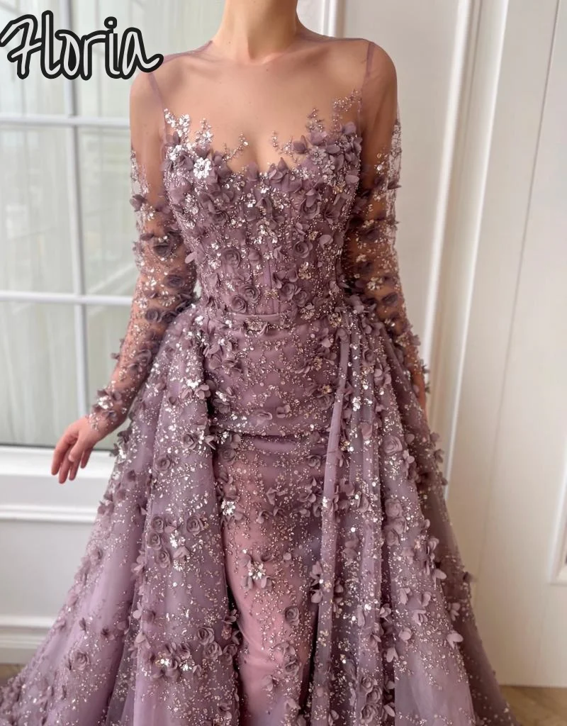 Выполненное на заказ сиреневое кружево с 3D вышивкой цветов Вечерние платья Русалка с длинными рукавами Вечернее платье со съемным шлейфом