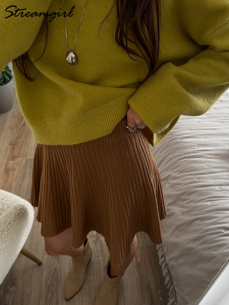 المرأة قطعتين مجموعة تنورة صغيرة وسترة مطابقة مجموعات الخريف الشتاء البلوزات البني الشوكولاته متماسكة تنورة مجموعات النساء 2 قطعة #5