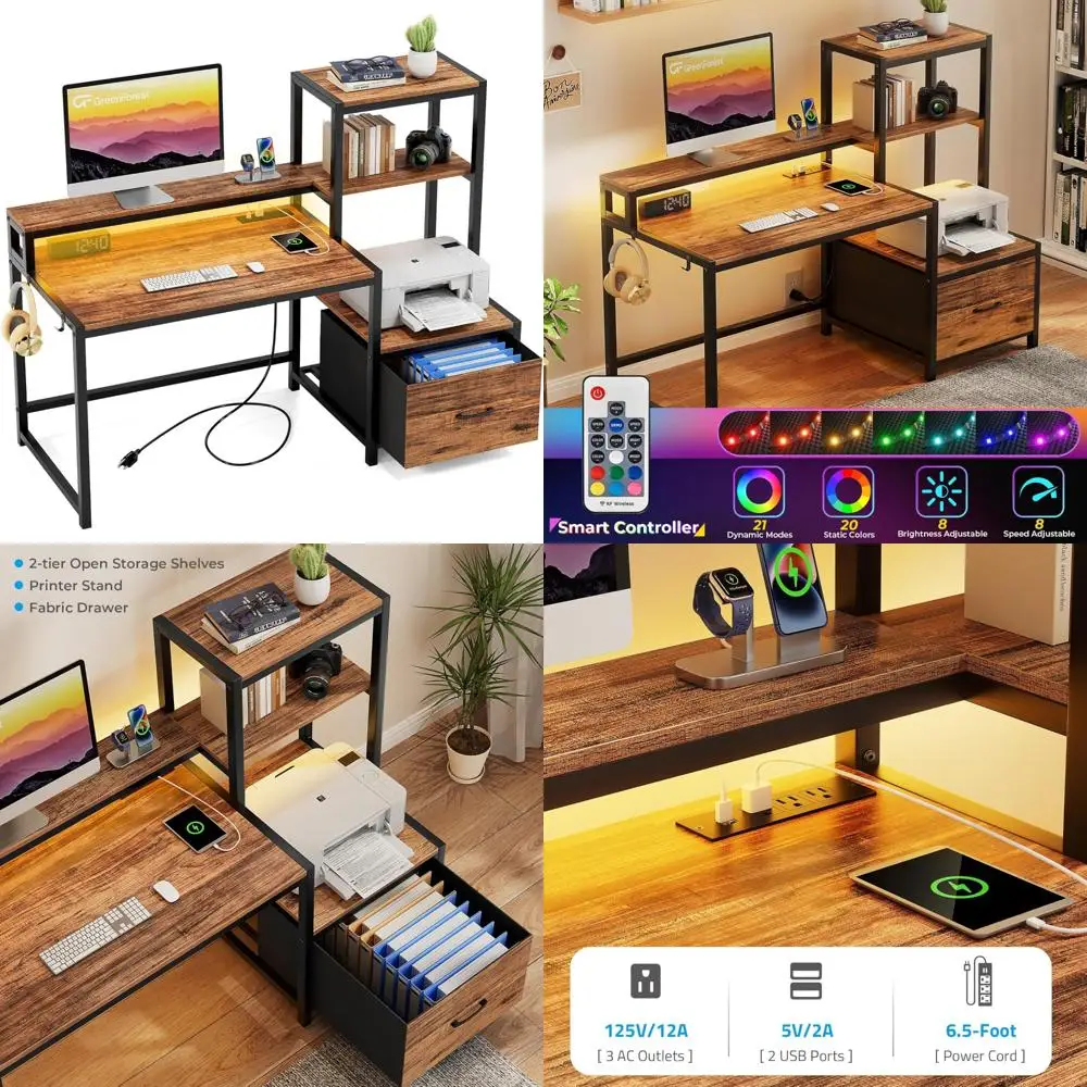 

Compact Home Office Desk with Drawers, Storage Shelves and Monitor Stand for Gaming