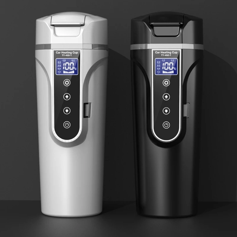 

450ml 12V/24V Portable Car Heating Cup Water Milk Warmer Cup Electric Heated Travel Coffee Cup Stainless Steel Tumbler F19A
