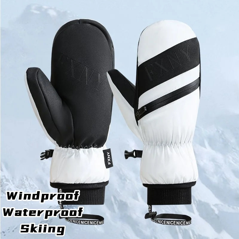 White Duck Down Outdoor Riding Warm Ski Single Double Board Winter Velvet Thickened Longer Waterproof Windproof  Gloves