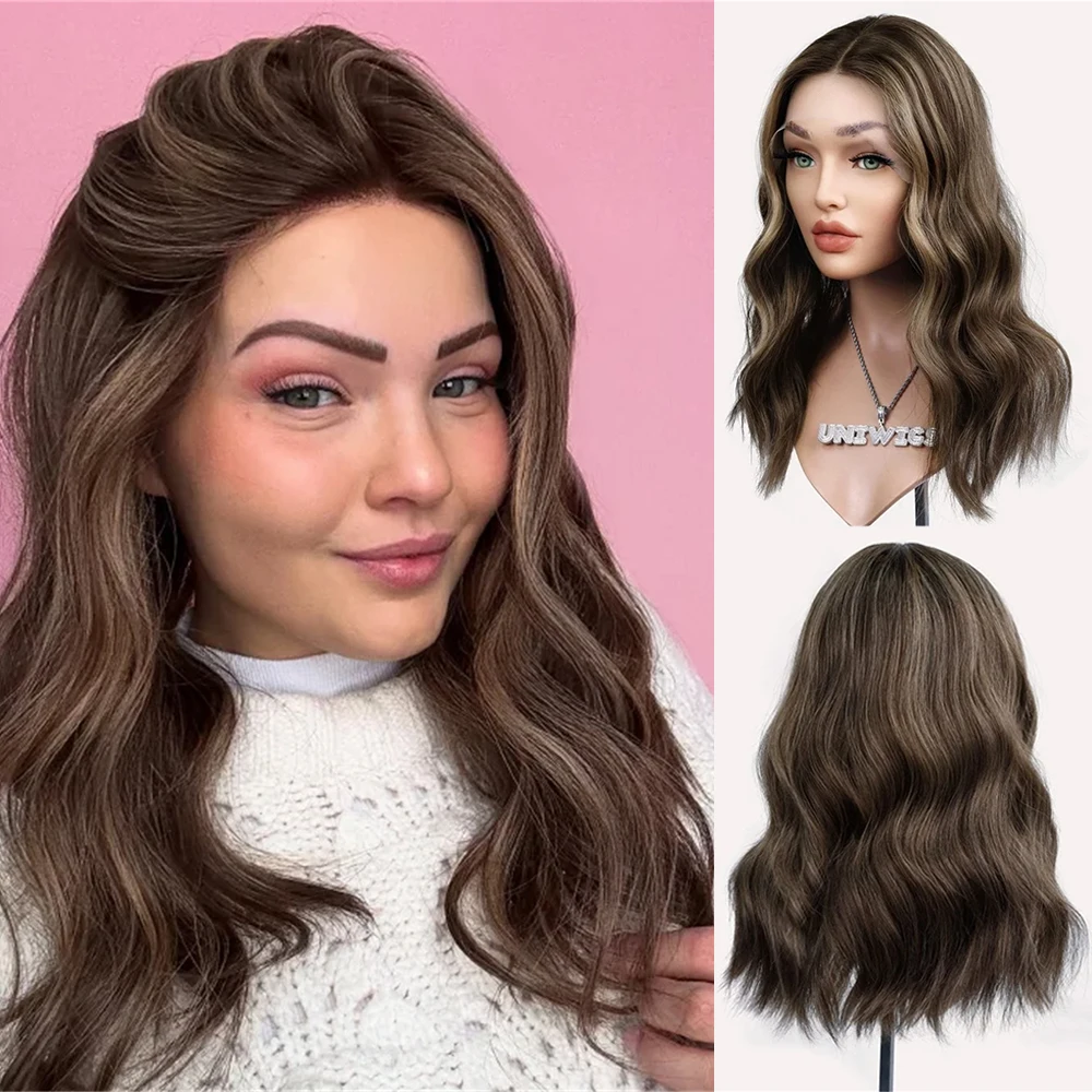 Dark Brown Blonde Highlighted Short Curly Wig Heat Resistant Synthetic Fibers Natural Hair Lace Front Wig for Daily Use&Cosplay