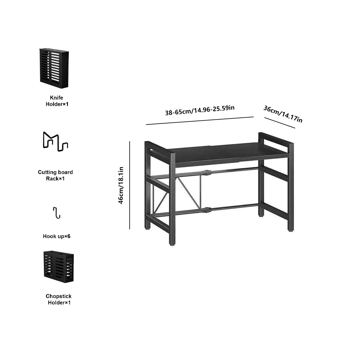 Verstelbaar keukenrek voor magnetron, uitbreidbaar van 38 cm tot 65 cm, aanrechtorganizer met 6 haken, messenhouder, bestekmand en snijplankhouder voor opslag van kruiden en kookgerei