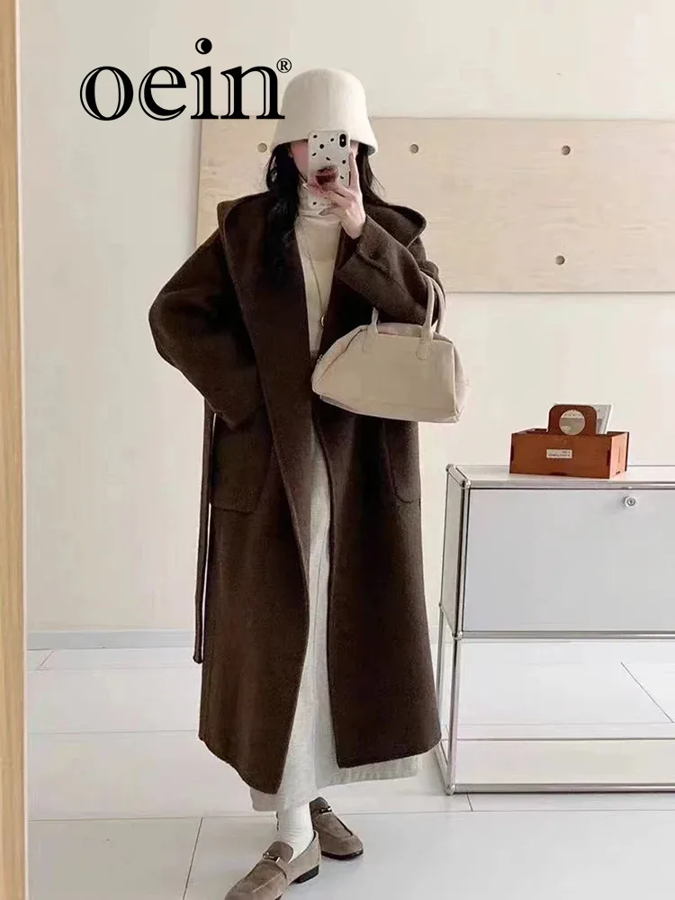 

[oein] 2024 Autumn/Winter Melad Double Sided Cashmere , Hooded Strap, High End, Medium To Long Wool Coat For Women