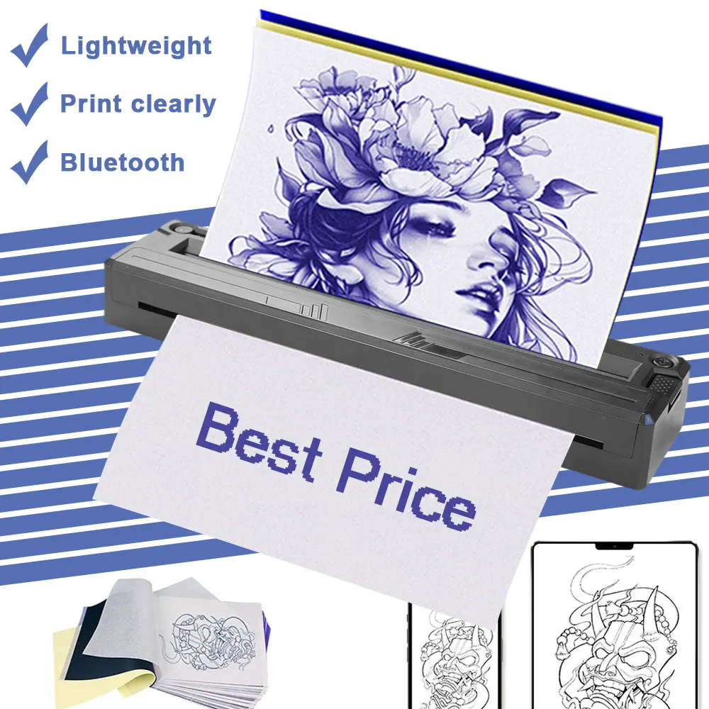 Portable Wireless Tattoo Transfer Machine Bluetooth Tattoo Transfer Stencil Printer with Transfer Paper Tattoo Copier Machine