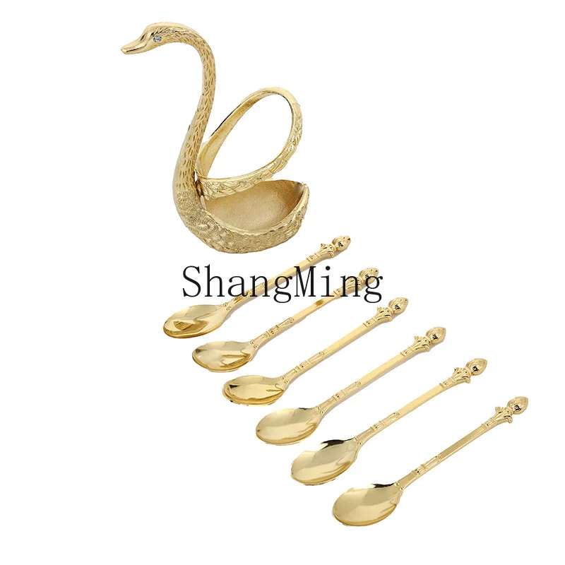 

PYH Customized Swan Spoon Light Luxury Retro Fruit Fork and Spoon Set Western Dessert Snack Storage Spoon
