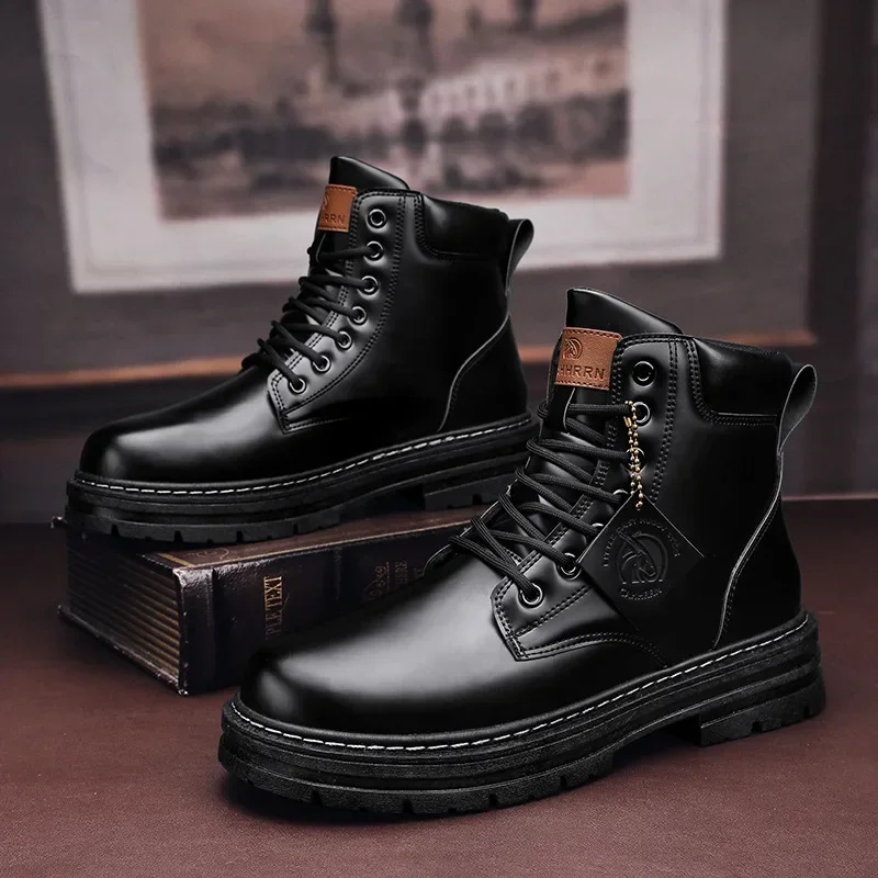 High Top Boots Men\'s Leather Shoes Fashion Motorcycle Ankle Boots for Men Winter Boots Man Shoes Lace-Up Botas Hombre