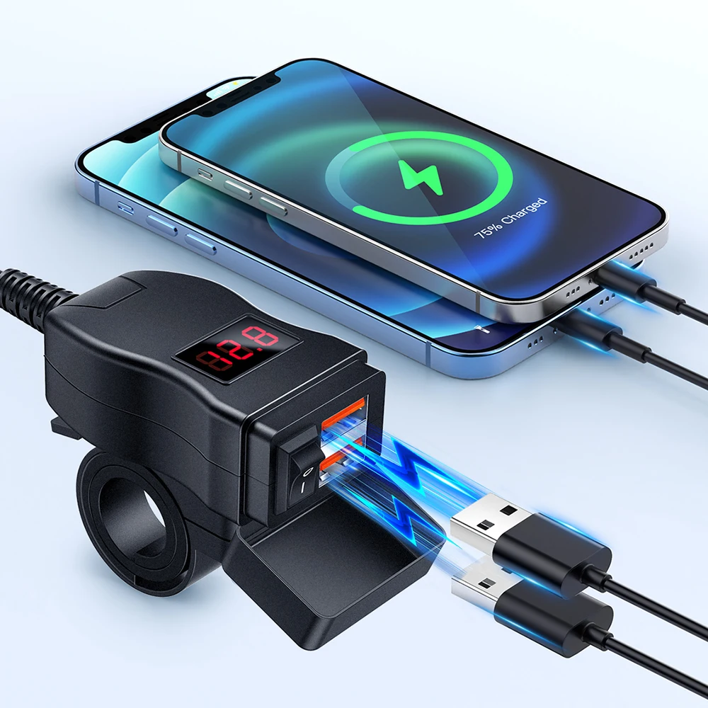 

Motorcycle USB Fast Charger with Switch Voltmeter 12V Power Supply Adapter Handlebar Charger for Mobile Phone Charger