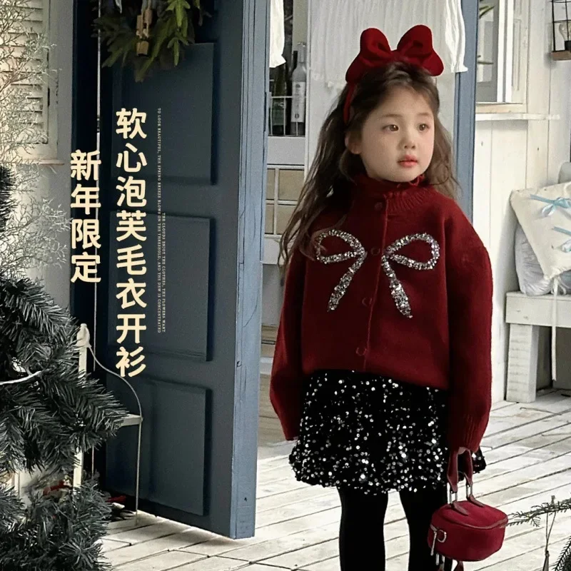 

Осенне-зимний корейский вязаный свитер с бантом и блестками для девочек, модная зарубежная куртка для маленьких девочек