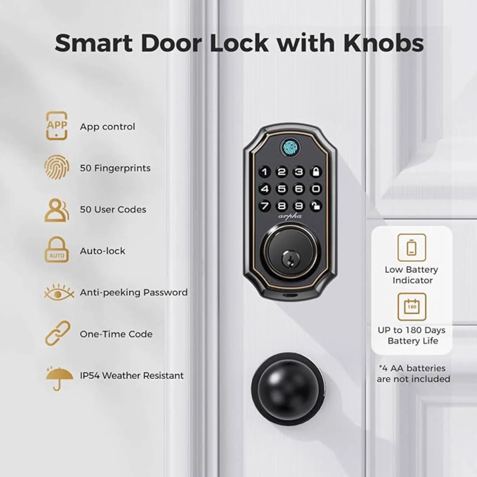 Arpha Smart Lock ‎D280 Set Keyless Entry Door Lock Deadbolt with Handle Set 100 Code Fingerprint Anti-Peeping Password Auto Lock