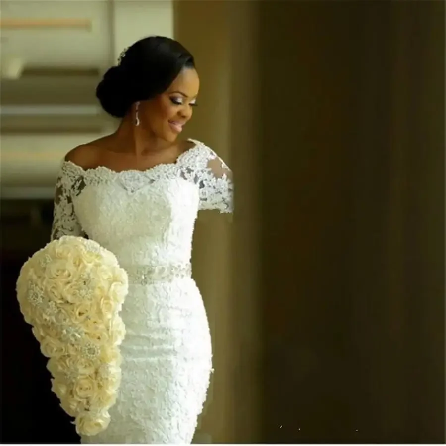 Customized New Fashion Nigerian 3/4 Long Sleeve Applique Lace Mermaid Wedding Crystals Off The Shoulder Bridal Dress image 3