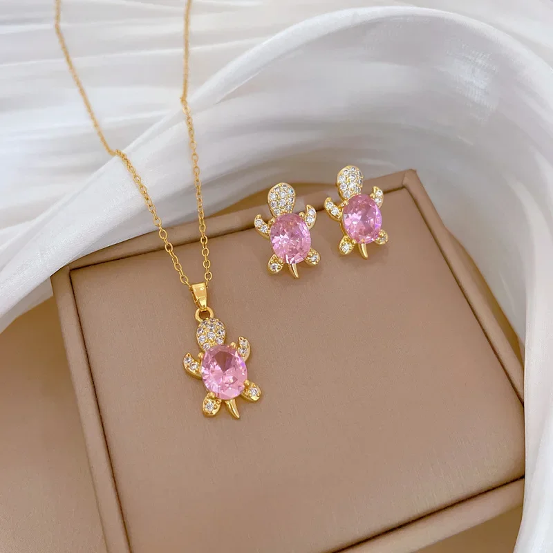 Pink Rhinestones Turtle Necklace Earrings sets for Women 14k Platinum Plated 2 Pcs Jewelry Set Female Party Wedding Gifts