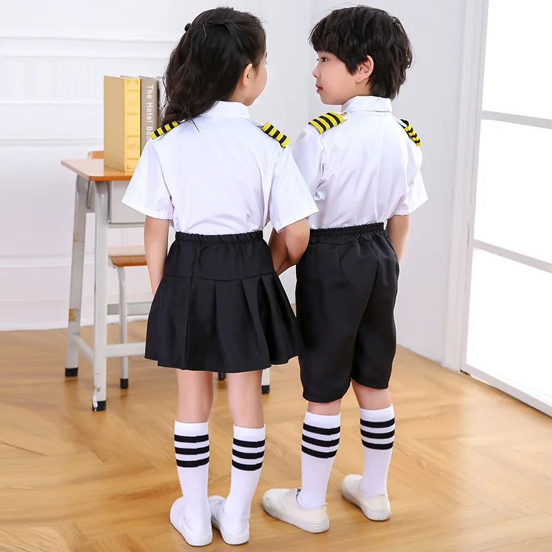 Kids Boys Girls Air Force Flight Attendants Uniform Cosplay Costumes Kindergarten Children\'s Day Pilots Performance Sets