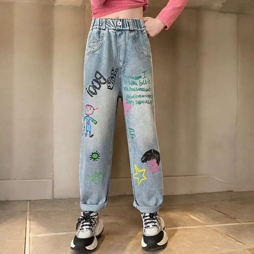 Baby Girls Scrawl Print Jeans for Kids Baggy Cargo Pants  Trousers Children Teens Outfits Toddler Clothes 5 7 8 9 10 12 13 Years