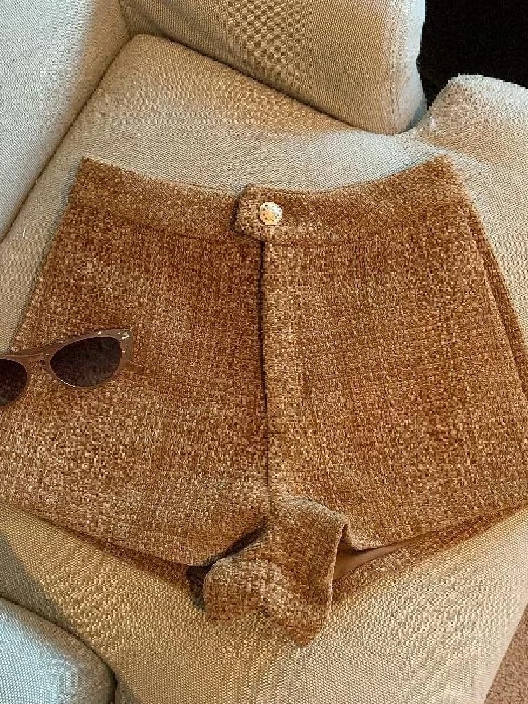 Tweed Shorts Women Korean High Waist Wide Leg Shorts Office Lady Elegant White Black Autumn Winter Casual All Match Short Pants