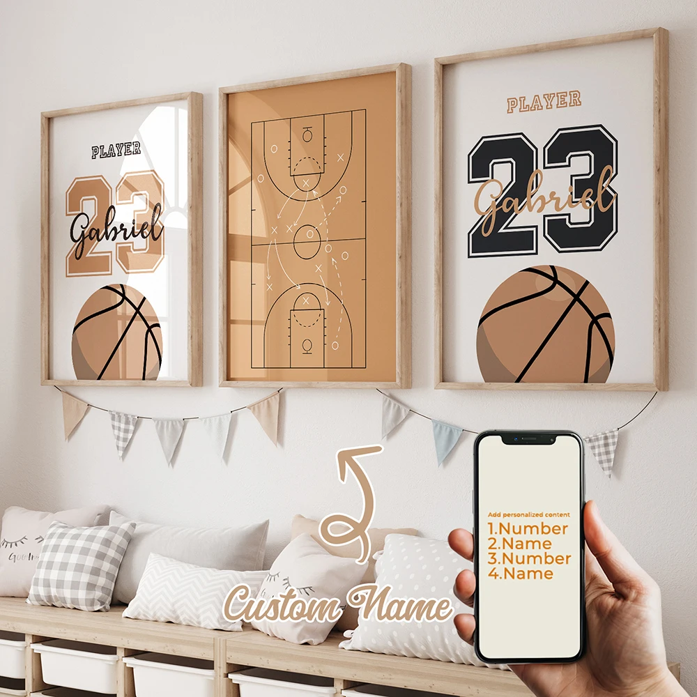 

3pcs Personalized Custom Name Cartoon Child Basketball Wall Art Print Picture Canvas Poster Painting For Living Room Home Decor