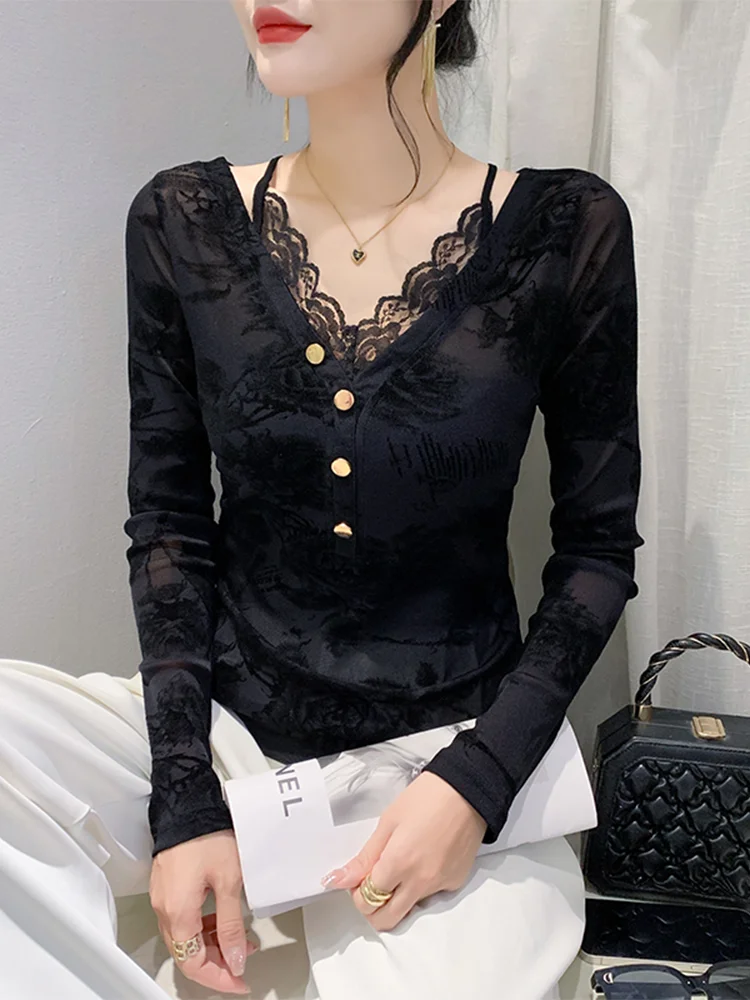 

Winsleter Streetwear Tshirts Long Sleeve Tees Women Sexy V Necks Lace Patchwork Slim Mesh Top Autumn Spring New T39781JM