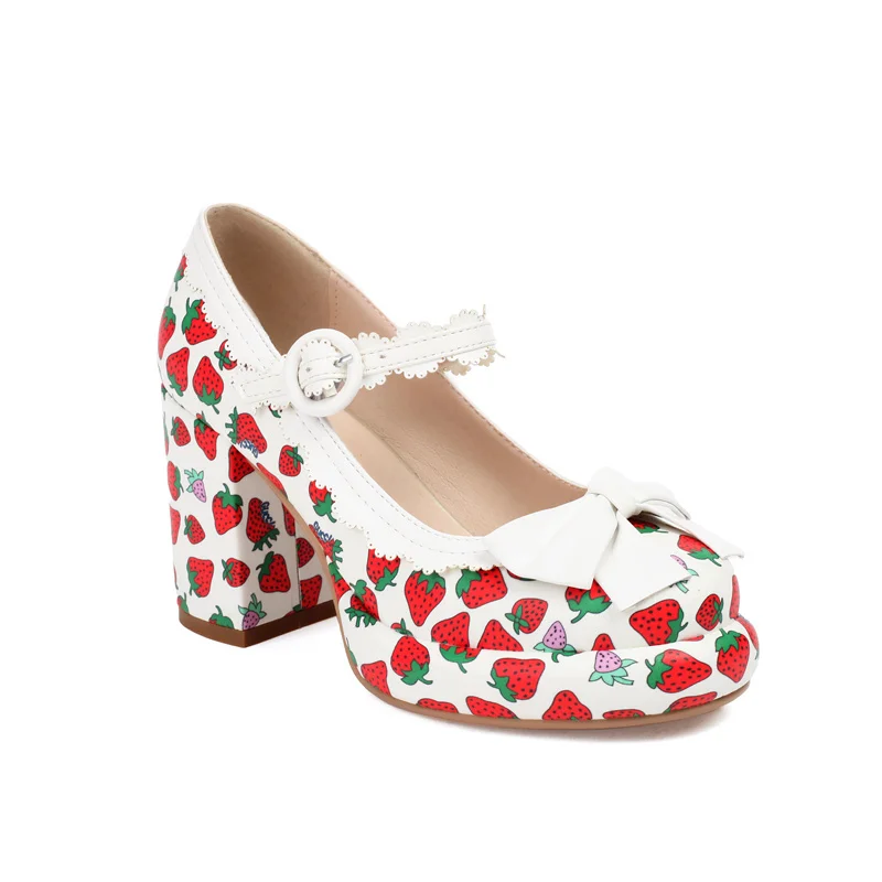Sweet Cute Strawberry Print Pu Leather Mary Janes Shoes for Women Block High Heel Black Pink White Party Ladies Pumps Free Ship