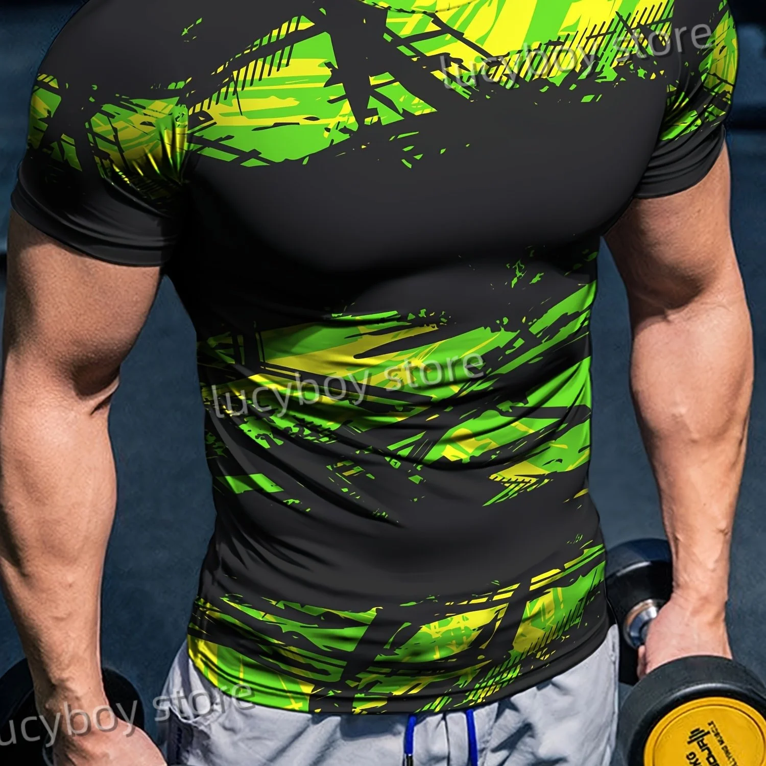 Summer Mens Strength TraininT Shirt 3D Green Printing Sports Gym Short Sleeve Tees Quick Drying Running Men Oversized Clothing