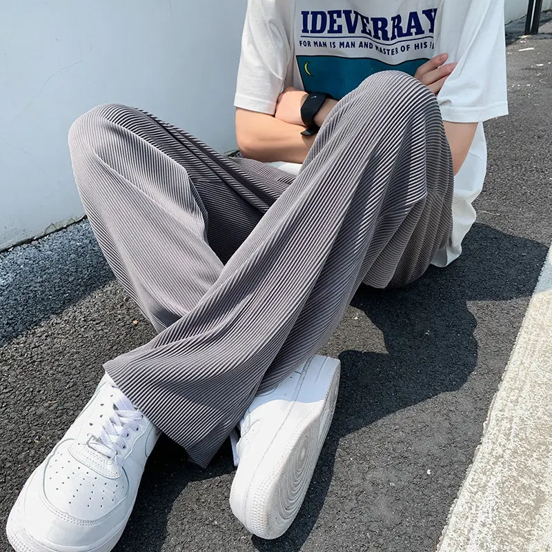 Ice Silk Wide Leg Pants Men's Summer Thin Drape Straight Casual Loose Match All Floor-Length Trousers Comfortable Loose Fit