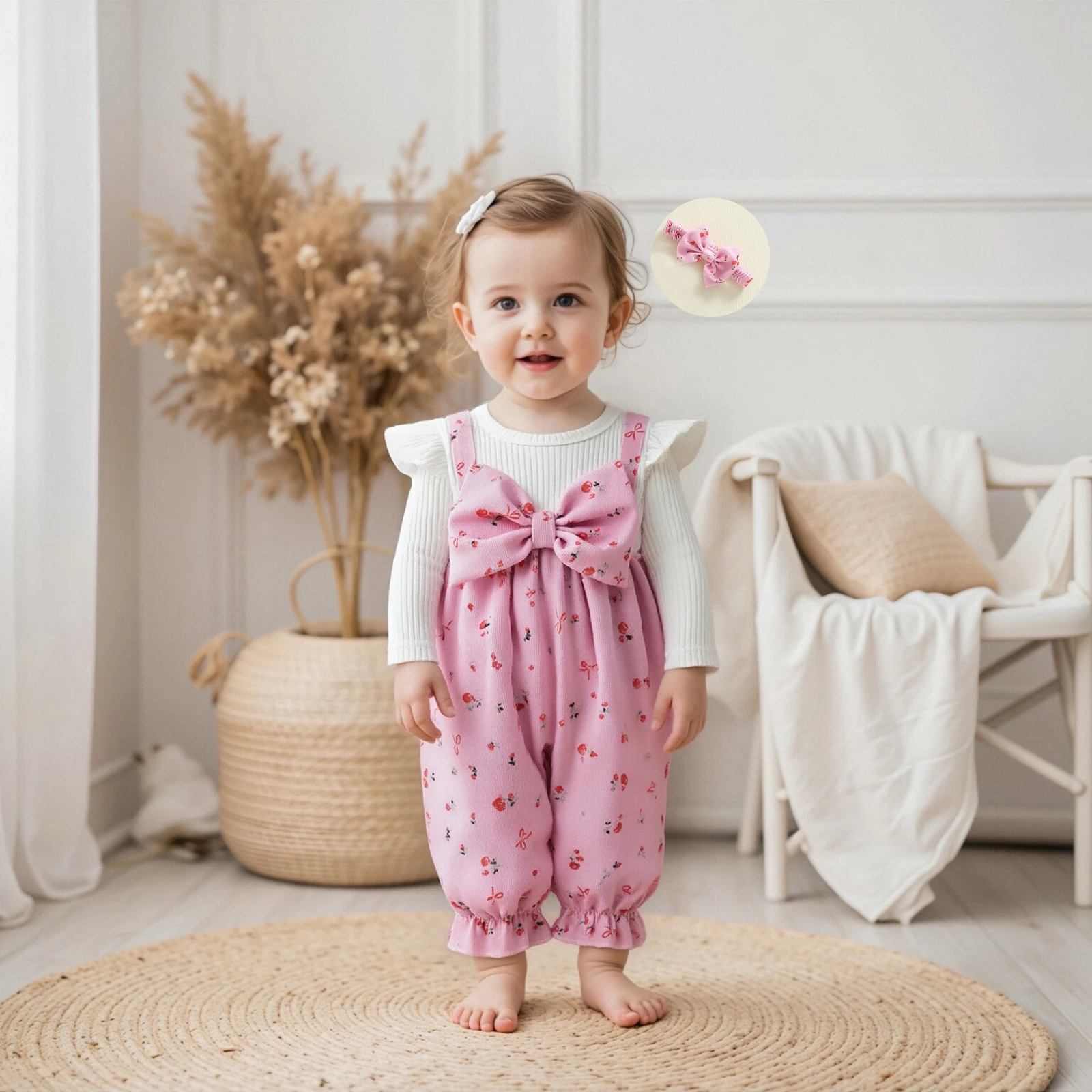 

Одежда для малышей, осенний наряд для девочек, комбинезон с длинными рукавами и цветочным принтом и бантом, одежда для новорожденных с повязкой на голову