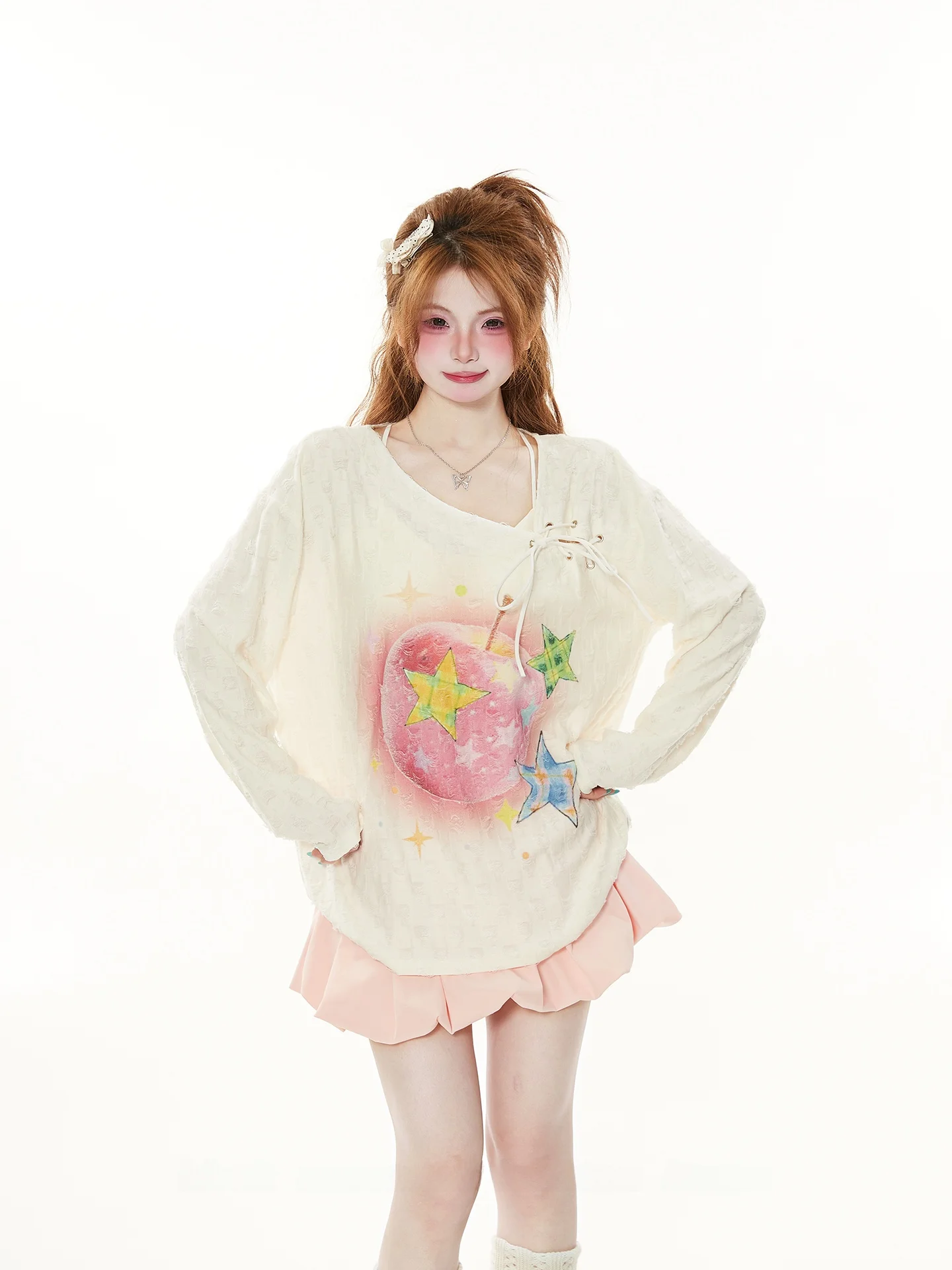 Fun  Print Long Sleeve T-Shirt Women's Spring Thin Belted Cover up Top Korean Style Straight Cut Creative Pattern