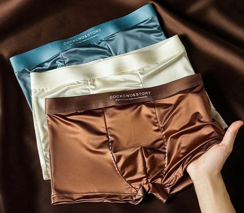 Men Satin Ice Silk Boxer Briefs with 10A Antibacterial Mulberry Silk Crotch Luxury Breathable Underwear Youth Fashin Boxy Trunks