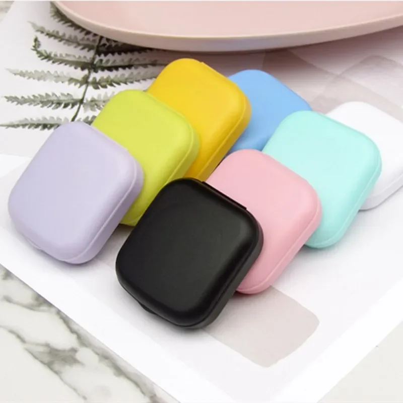 Contact Lens Case Solid Color Contact Lenses Box Kit with Built-in Mirror Lens Holder Tweezer Contact Applicator Solution Bottle