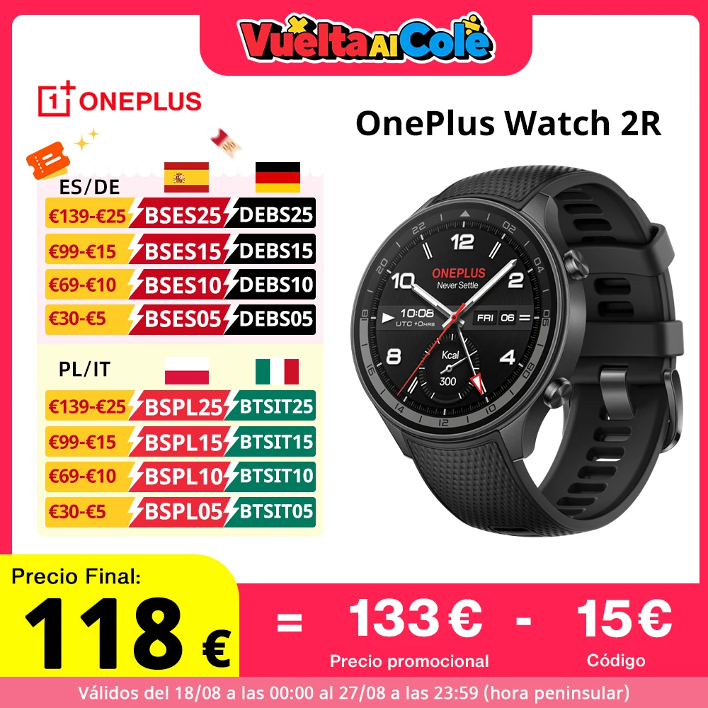 OnePlus Watch 2R Versione globale Display AMOLED da 1,43” Processore Snapdragon W5 Gen 1 Doppia frequenza L1+L5 GPS Fino a 100 ore di durata della batteria Tracking sportivo migliorato Smartwatch
