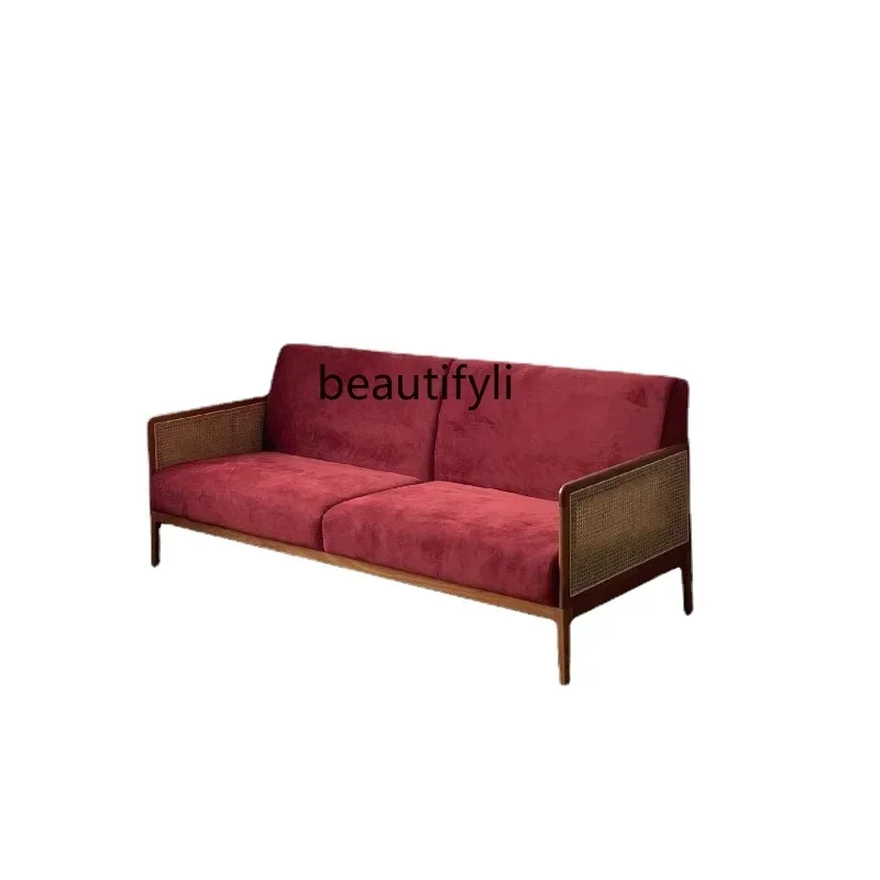 

FG44Sofa for Three People Rattan Vintage Small Apartment Simple Living Room Nordic Fabric Solid Wood Sofa living room furniture