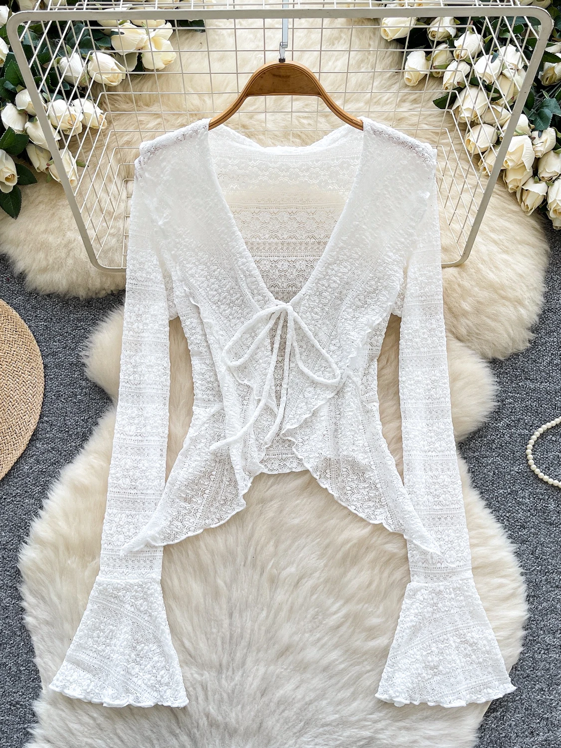 

Fall Outerwear V-ne Bell Sve Ruffle Hem Open Cardigan Thin Irregular Pure Desire Top Women's Faion Korean Sle Loose Fit