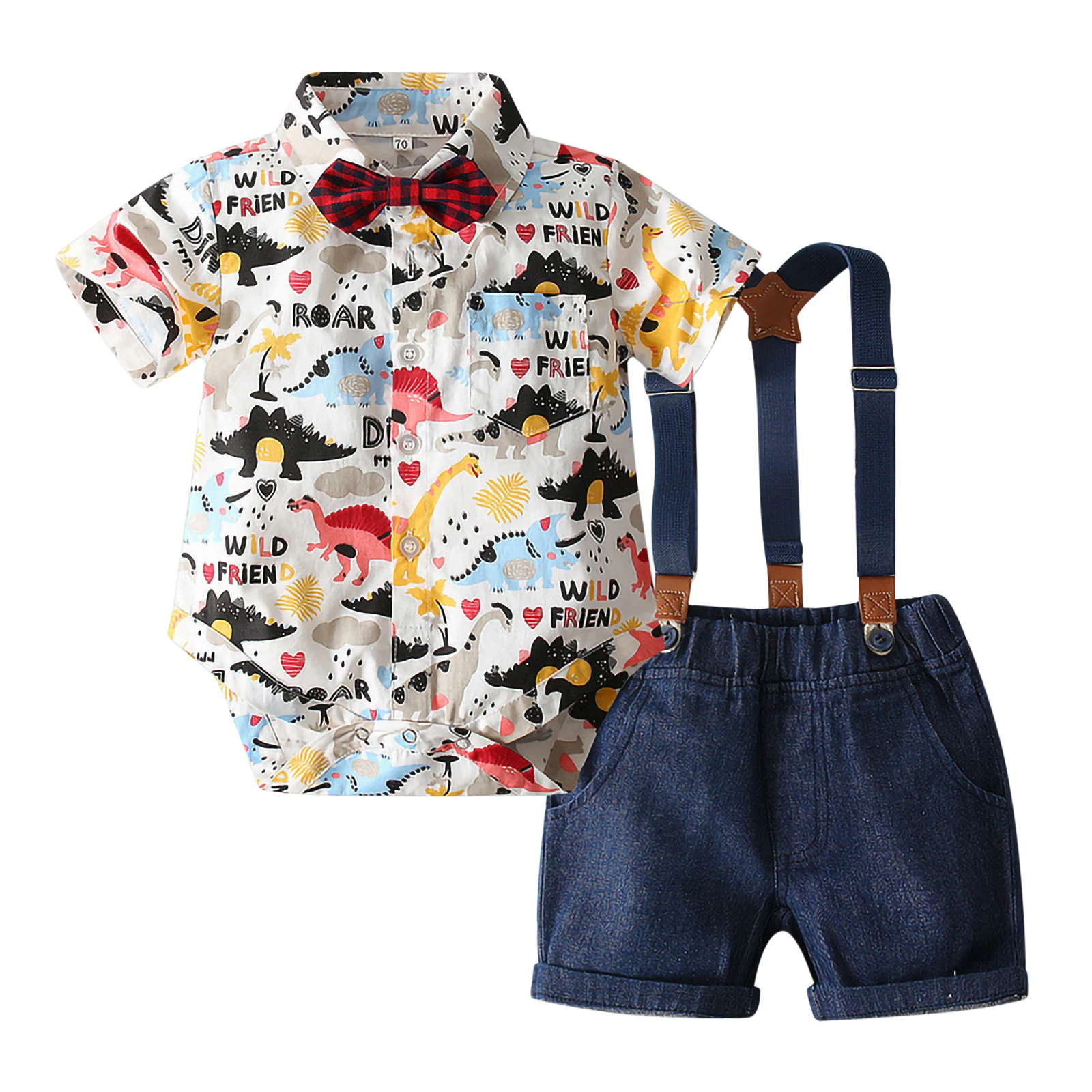 

Newborn Baby Boys Clothes Set Summer Toddler Dinosaur Print Short Sleeve Romper Shirt And Suspender Shorts Overalls Outfits