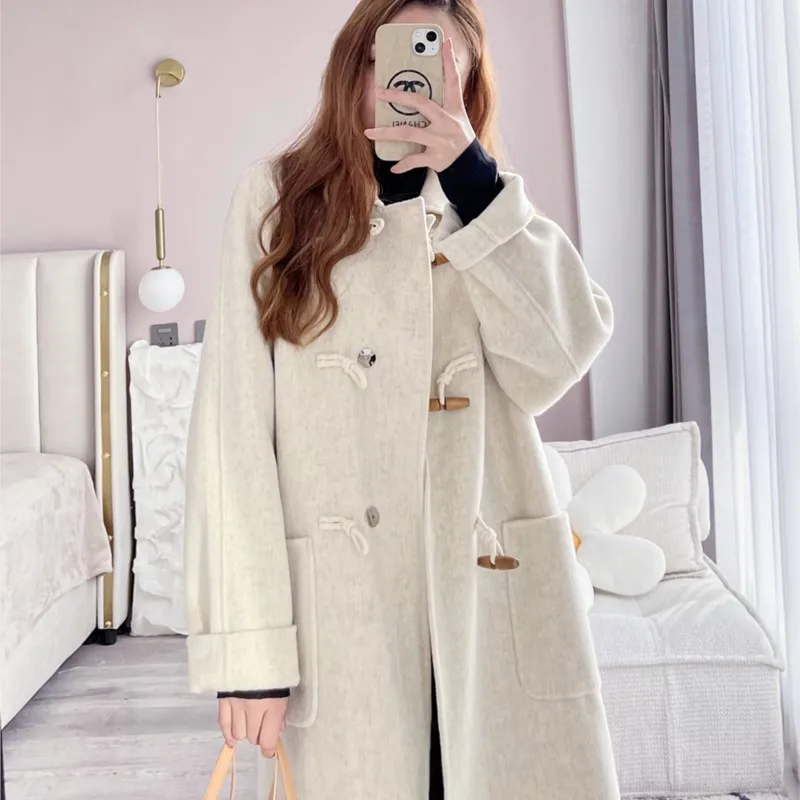 

Horn Button Reversible Cashmere Coat Women's New Small Wool Woolen