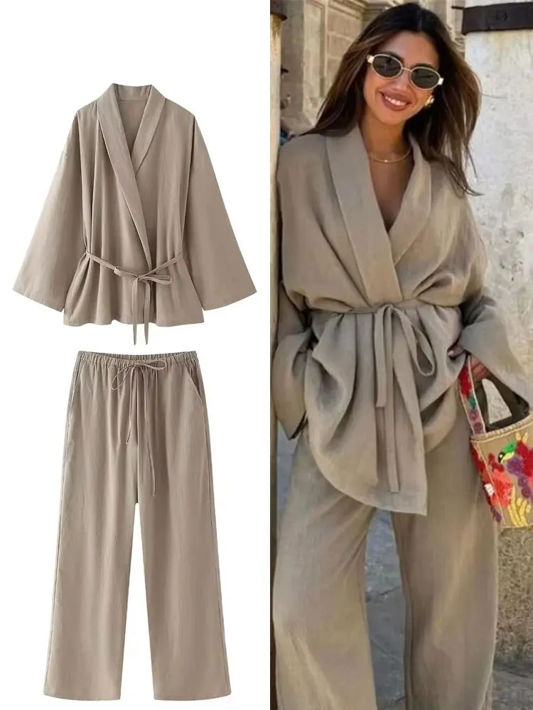 

HH Women Loose Wide Leg Pant Set Fashion Lapel V Neck Long Sleeve Thin Blazer Coat With Belt 2024 Summer Ladies Solid Suit