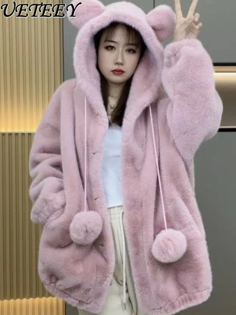 2023 Winter New Fashion Elegant Warm Thick Warm Mid-Length Hooded Fur Coat Women's European Mink Luxury Furry Jacket Overcoat