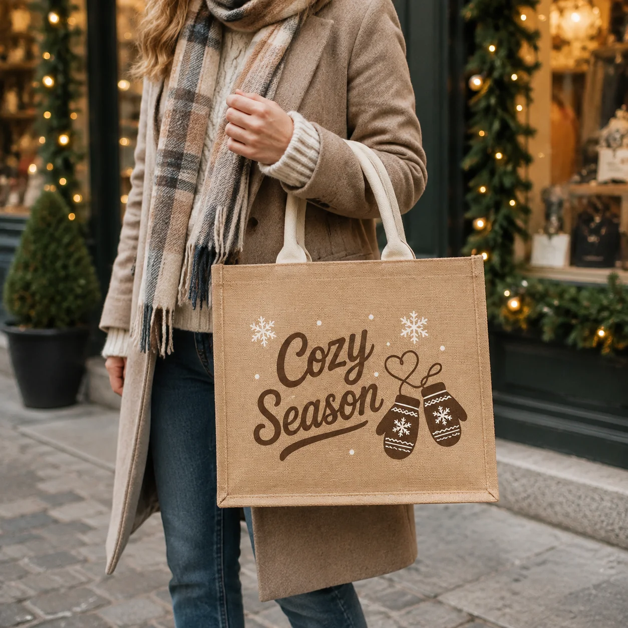 Lady Custom Cozy Winter Tote Bag Daily Carry Bags Personalized Mitten Jute Bag Christmas Holiday Shopping Burlap Handbag Gift