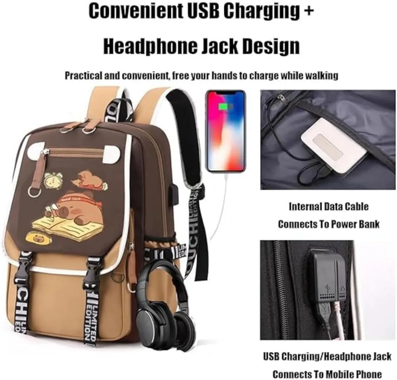

School Season 2025 Explosion Kapybara Backpack Large Capacity Cartoon Student Five Mind Hotpot Good Luck Merit Love Study Bag