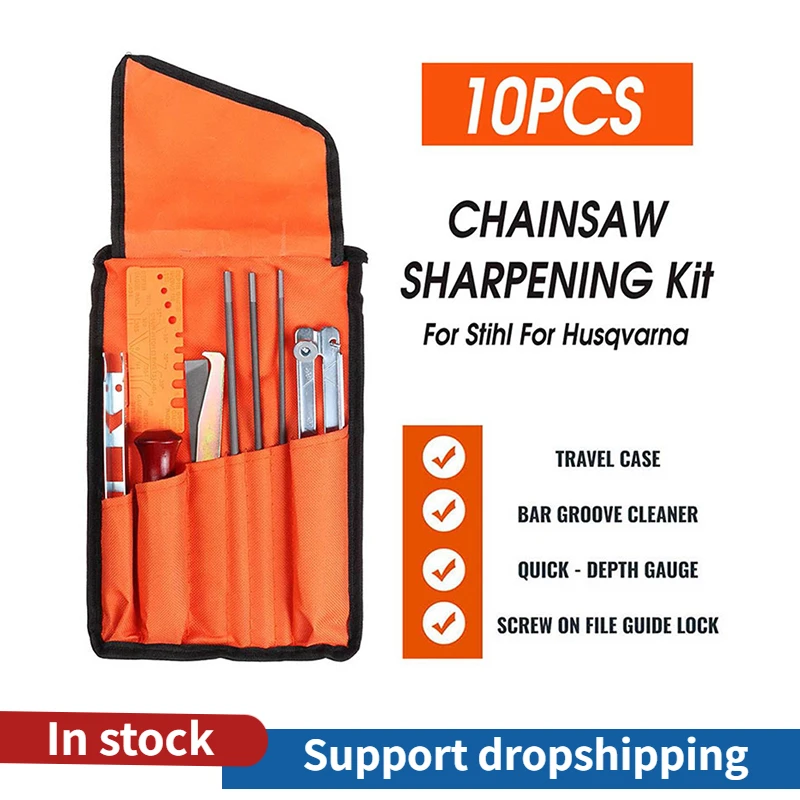 

10 Pcs Chainsaw Chain Sharpening Kit Hardwood Handle + Round / Flat File Guide Bar File Sharpener Tools Household Hand Tools