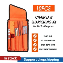 10 Pcs Chainsaw Chain Sharpening Kit Hardwood Handle + Round / Flat File Guide Bar File Sharpener Tools Household Hand Tools