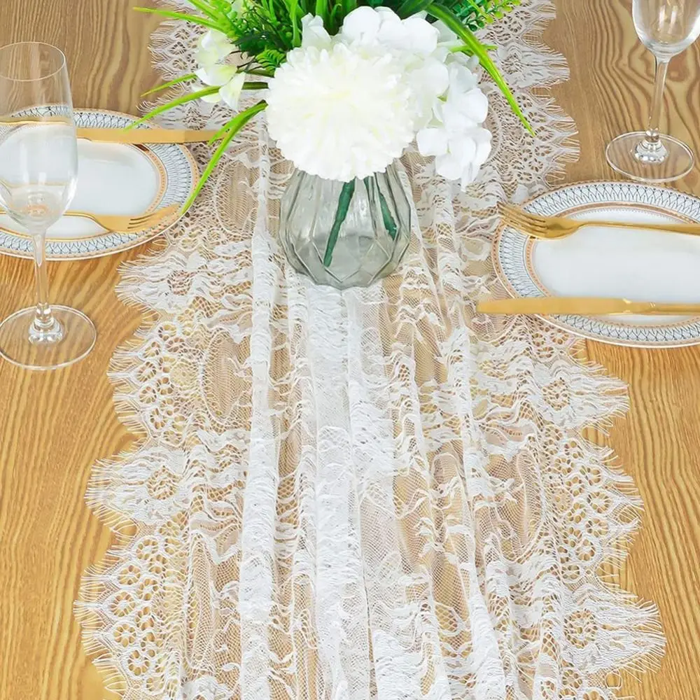 White Color Lace Table Runner Floral Embroidery Rectangular Shape Vintage Table Runners European Style Comfortable