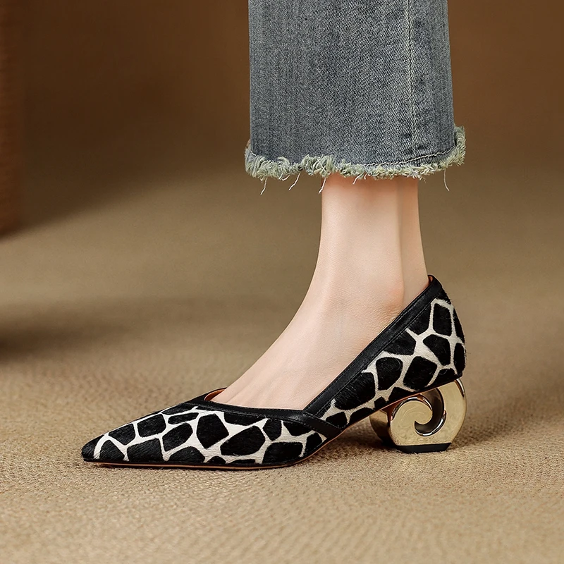 

Women's new genuine leather sheepskin leopard print horsehair pointed gold-plated heel spring and autumn high heels work shoes