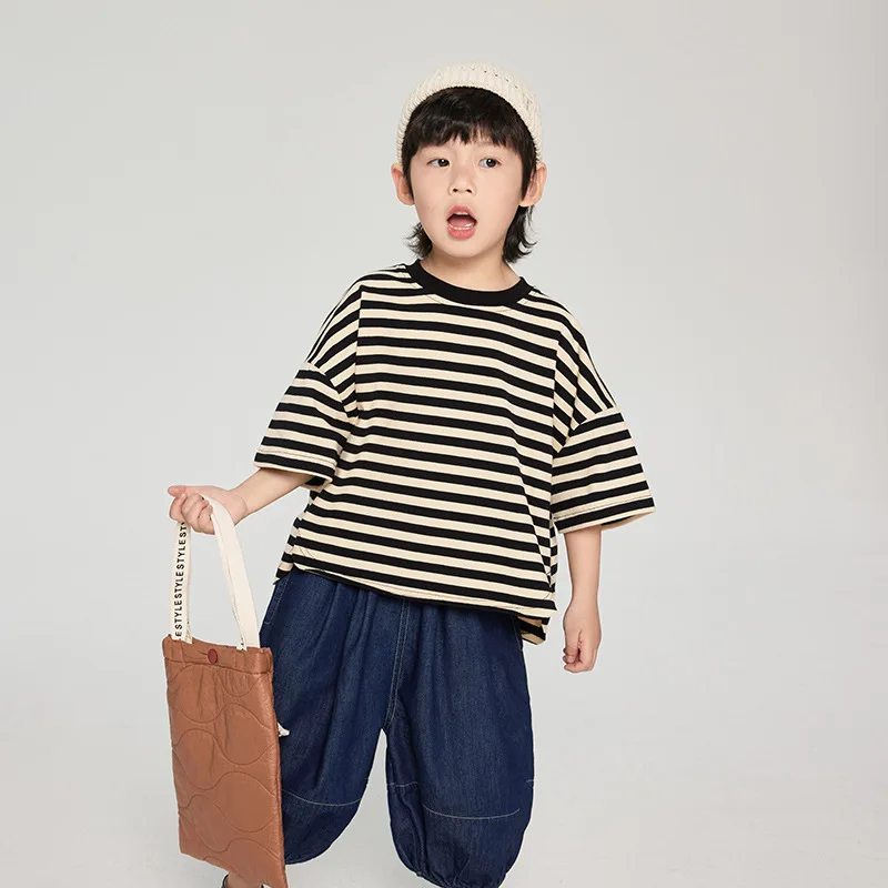 Summer New Boys T-shirts fashion striped loose half sleeve Tees Kids cotton casual Tops clothes