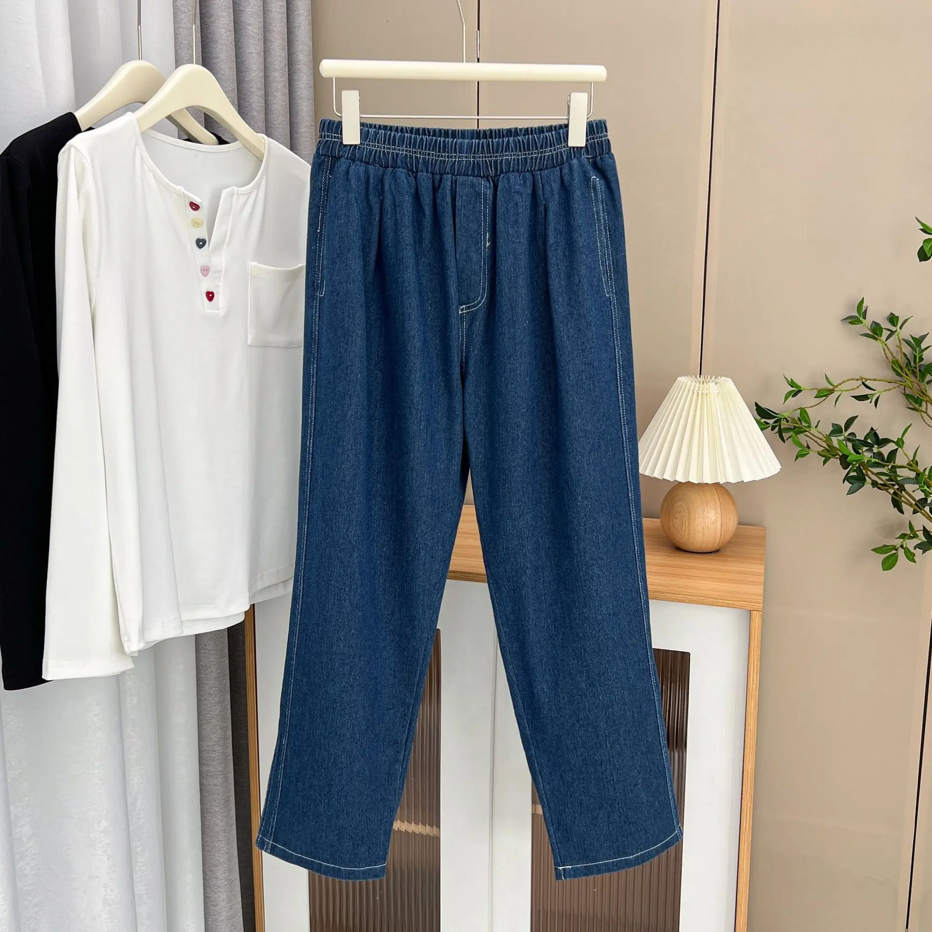 Womens Plus Size Jeans Autumn 2023 Casual Clothing Simple Elasticated Waisted Denim Harem Pants S6 5660