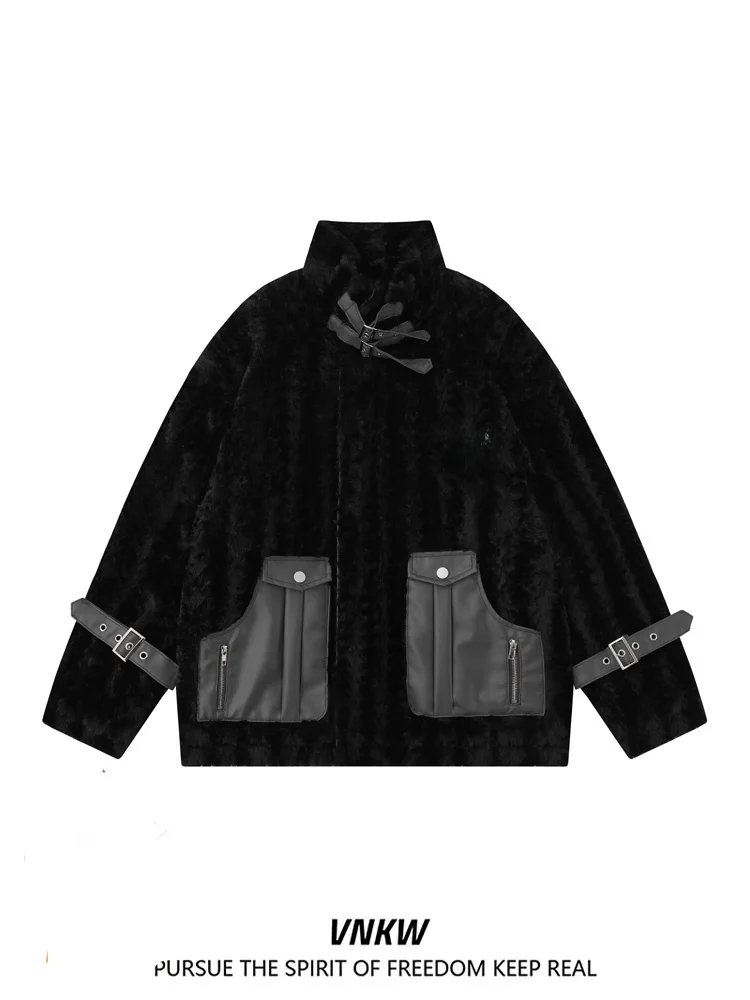 

American Retro Lamb Fur Thiened Cotton Jaet Men's Winter Warm Motorcycle Sle PU Leather Collar Coat Zipper Decoration