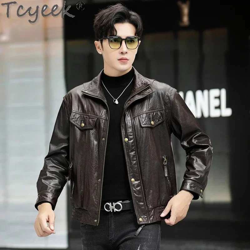 Tcyeek Genuine Leather Jacket Men's Top Layer Cowhide Coats Lapel Loose Leather Coat Male Short Motorcycle Jacket Spring Autumn